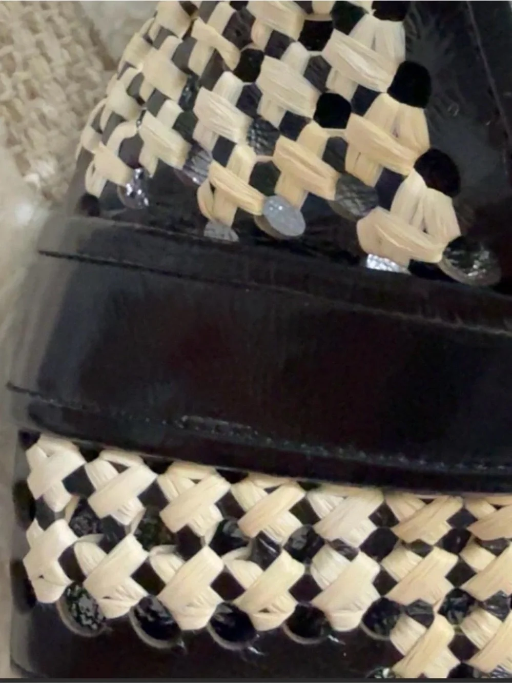 Tory Burch Black and Cream Woven Slide Sandals With Tory Burch Box and Bag